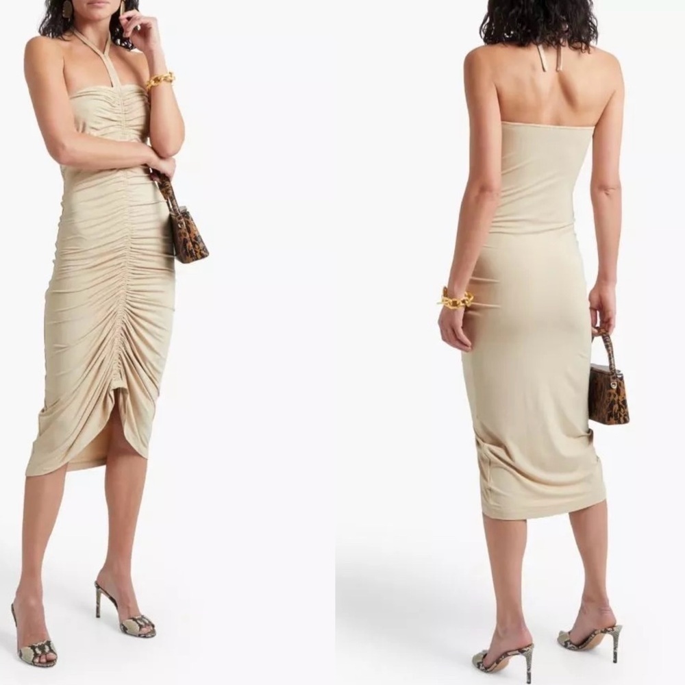 Ronny Kobo Halter Midi Alma Dress Darlene Beige Ruched Stretch Jersey Sz M